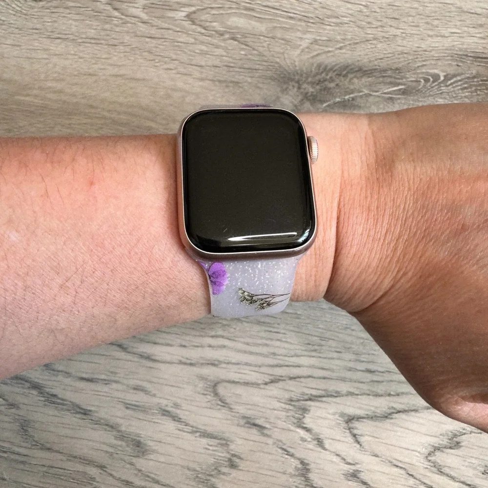 Pink Sky For Apple Watch Band 38/40/41mm Geranium Floral‎ Glitter Clear Silicone